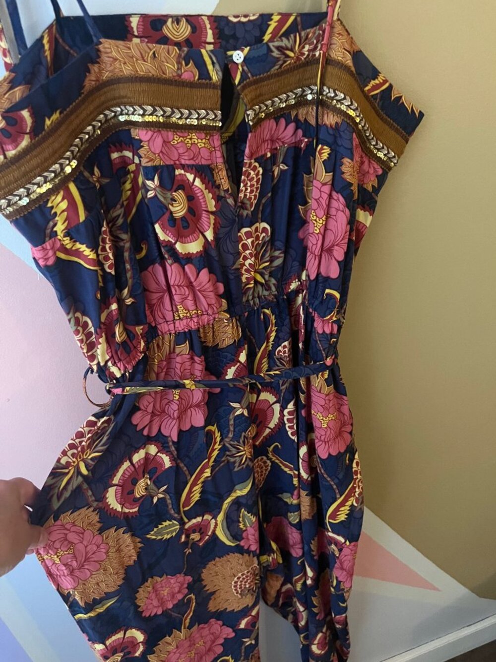 Jaase Womens Size Large Blue Floral Jumpsuit Sleeveless Cropped Boho Embroidere - Picture 3 of 4